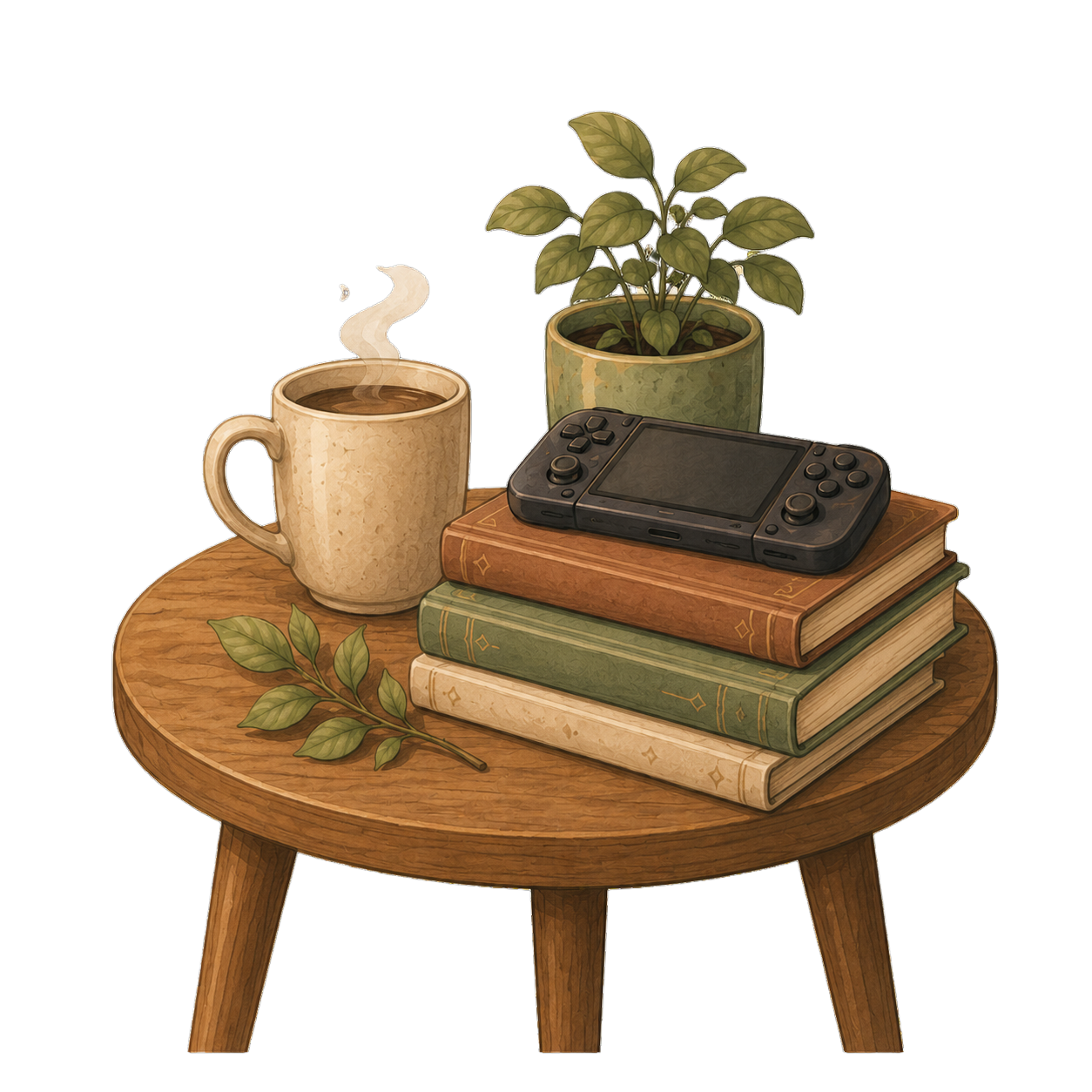 Ilustrație: o măsuță de cafea, caldă și primitoare