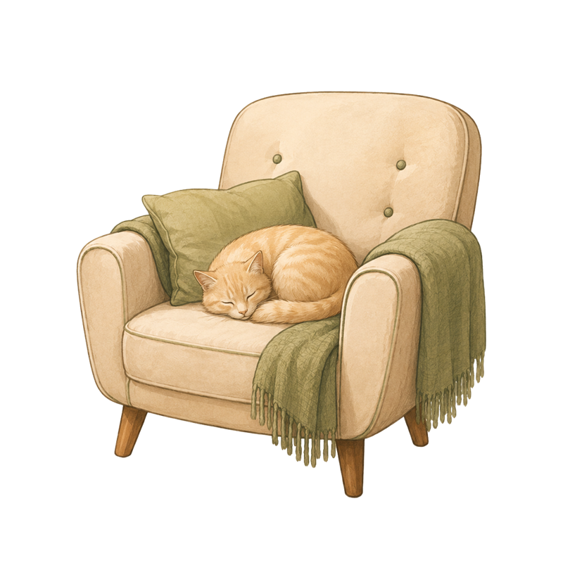 Ilustrație: un fotoliu confortabil cu o pisică adormită