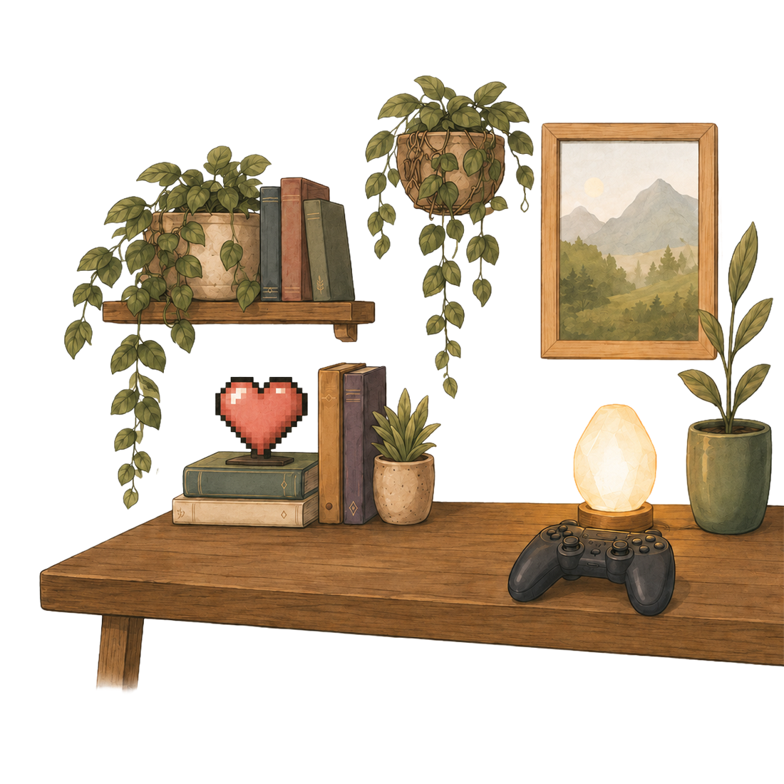 Ilustrație: un colț cozy de birou, cu plante, cărți, o lampă și un controller de jocuri