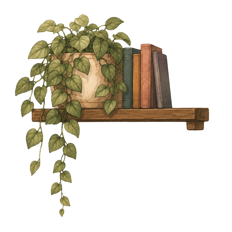 Ilustrație: un ghiveci cu o plantă și un teanc de cărți