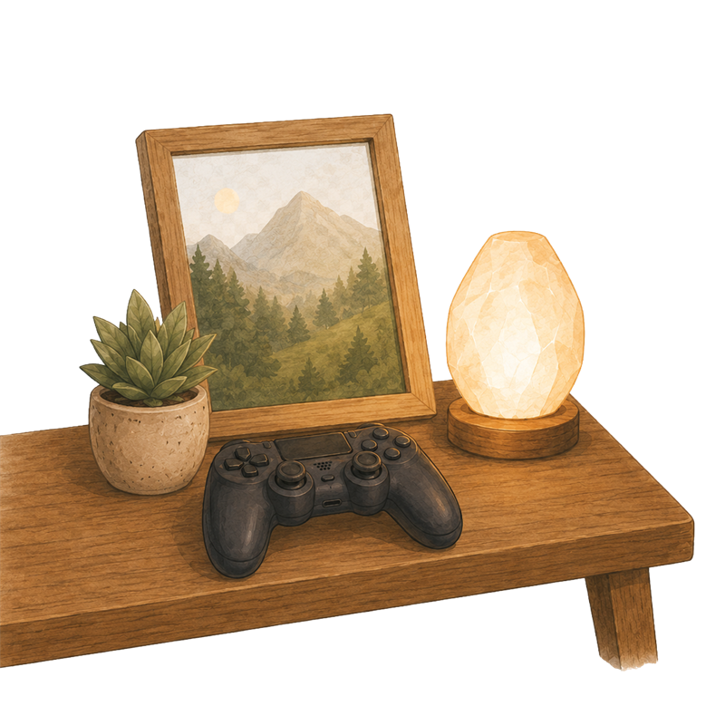 Ilustrație: un colț relaxat cu controller de jocuri, tablou și lampă